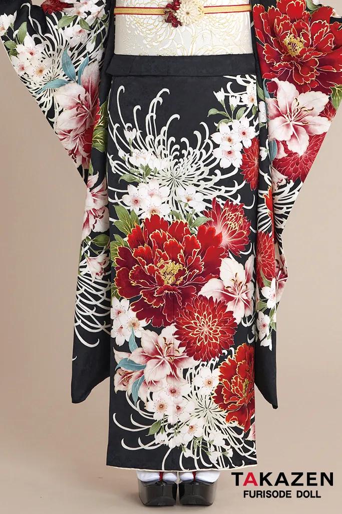 最新作正統派古典　黒/赤　乱菊柄　かっこいい　大人っぽい　Kamishibai Story of anoブランド振袖　きれいめ振袖ネットレンタル　南琴奈　27025