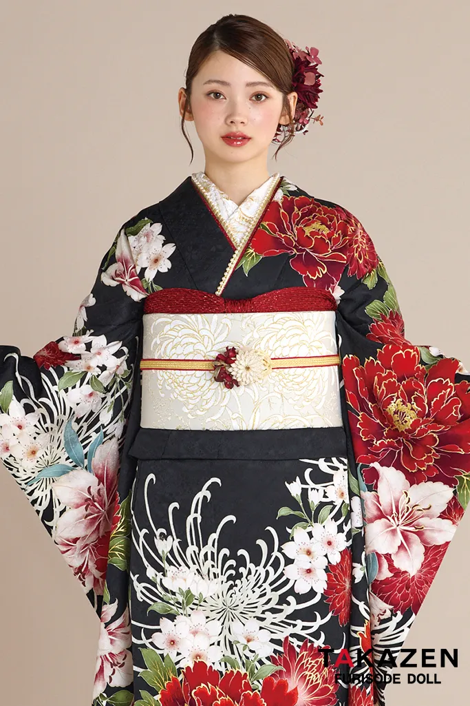 最新作正統派古典　黒/赤　乱菊柄　かっこいい　大人っぽい　Kamishibai Story of anoブランド振袖　きれいめ振袖ネットレンタル　南琴奈　27025