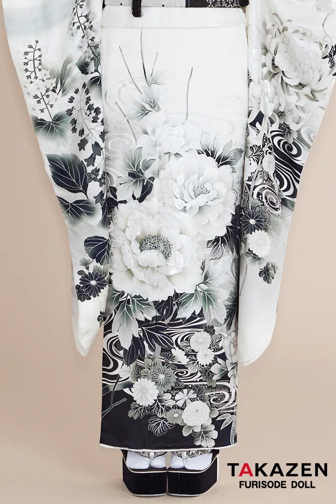 最新作正統派古典　白地/黒　牡丹柄/流水模様　かっこいい　大人っぽい　綺麗　シック　上品な振袖ネットレンタル　周防ジゼル　27026