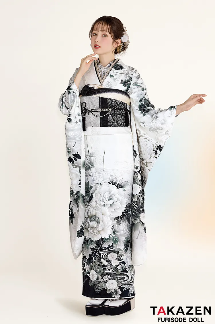 最新作正統派古典　白地/黒　牡丹柄/流水模様　かっこいい　大人っぽい　綺麗　シック　上品な振袖ネットレンタル　周防ジゼル　27026