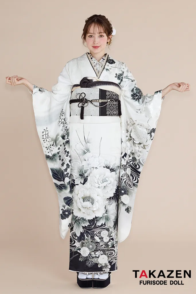 最新作正統派古典　白地/黒　牡丹柄/流水模様　かっこいい　大人っぽい　綺麗　シック　上品な振袖ネットレンタル　周防ジゼル　27026