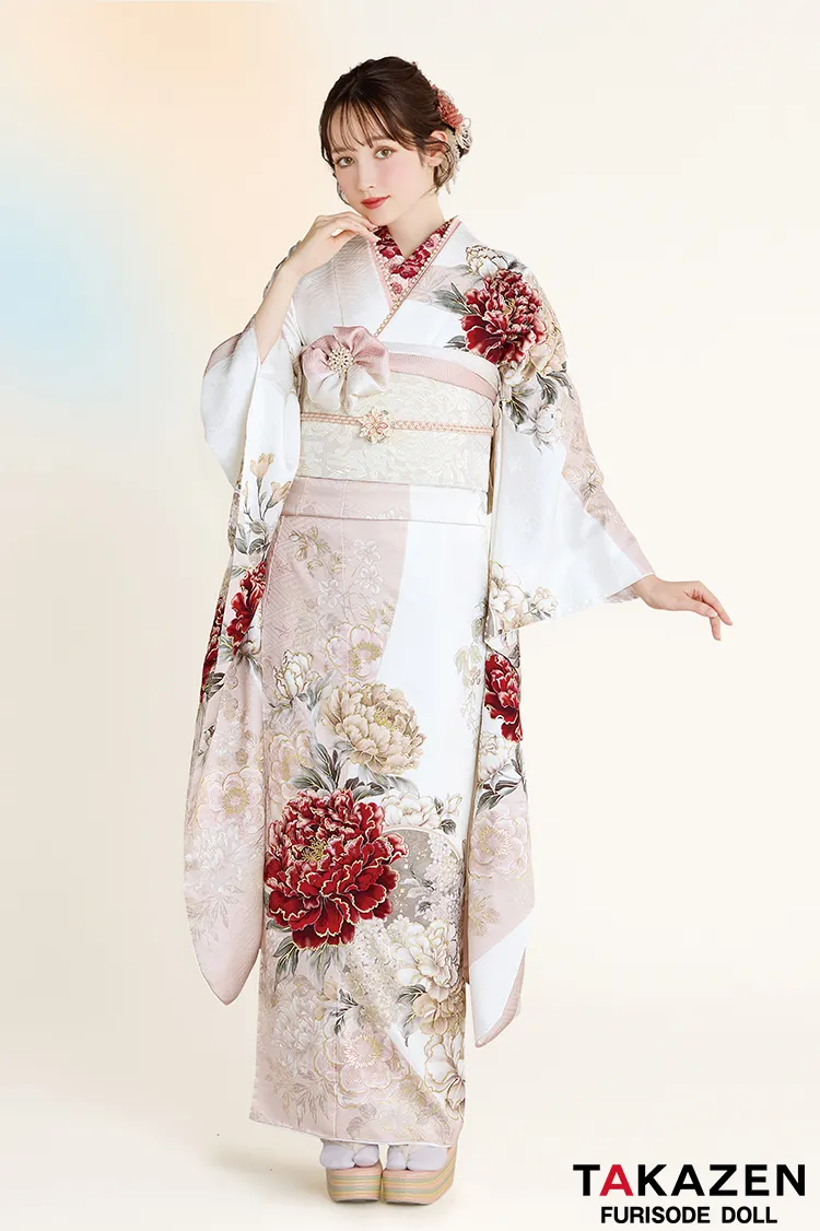 最新作正統派古典　白ピンク　牡丹柄　はんなり　かわいい　おしとやか　上品振袖ネットレンタル　周防ジゼル　27027