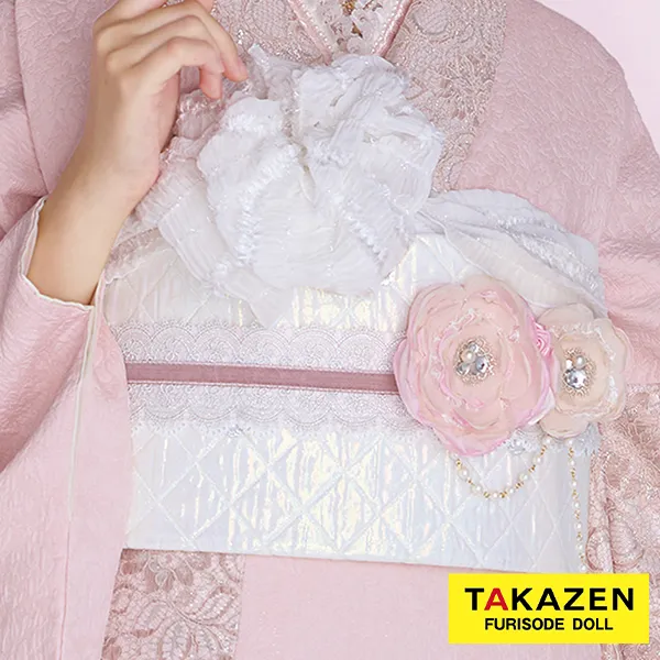 かわいい帯締め通販　ピンク　フレンチガーリー　花飾り付き　ビジュー　パール　おしゃれ　帯締め50