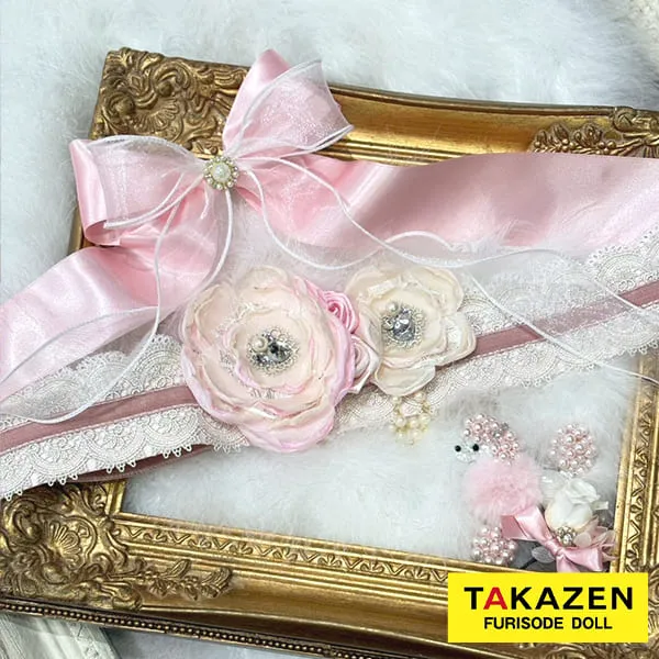 かわいい帯締め通販　ピンク　フレンチガーリー　花飾り付き　ビジュー　パール　おしゃれ　帯締め50
