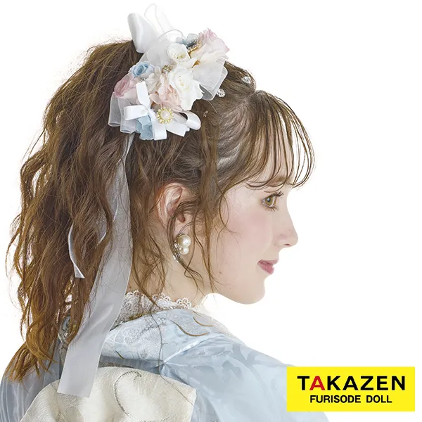 ガーリーリボン髪飾り　白/水色　小花　キラキラパーツ付き　おしゃれ　ヘアアクセサリー　ゆるふわ　order52