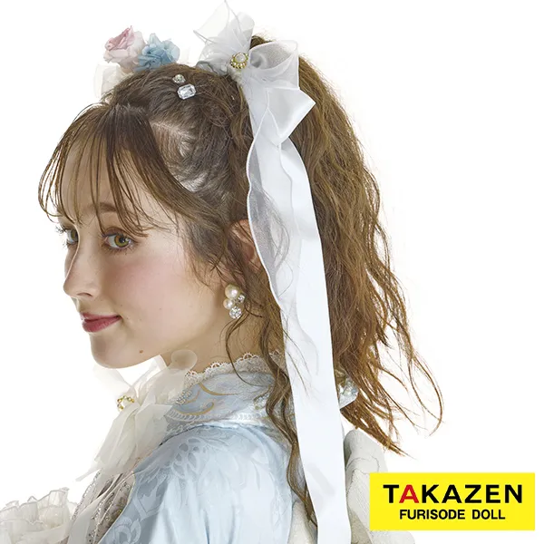 ガーリーリボン髪飾り　白/水色　小花　キラキラパーツ付き　おしゃれ　ヘアアクセサリー　ゆるふわ　order52