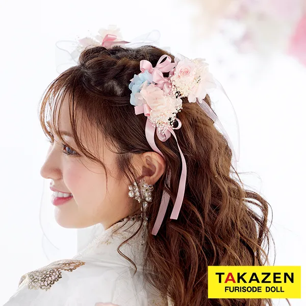 ガーリーリボン髪飾り　白/水色　小花　キラキラパーツ付き　おしゃれ　ヘアアクセサリー　ゆるふわ　order52