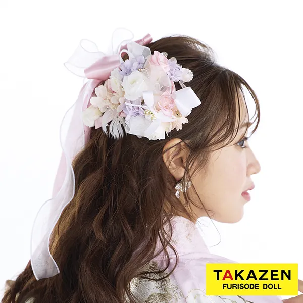 かわいいリボン髪飾り　ピンク/白　小花　キラキラパーツ付き　おしゃれ　ガーリーヘアアクセサリー　フェミニン　order50