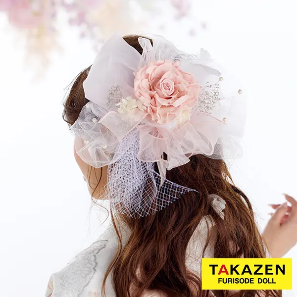 バラ髪飾り　ピンク/パステルカラー　パール　チュール付き　エレガント　かわいい　プリンセス