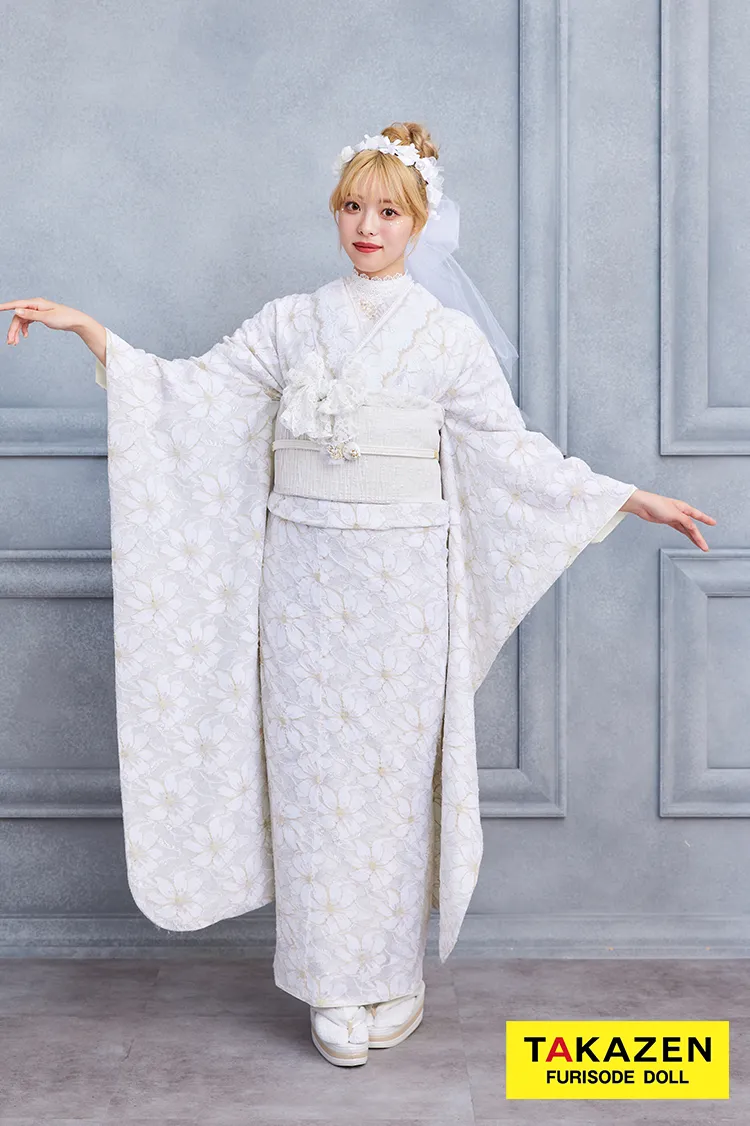 激安！くすみカラーガーリー　白 　総レース振袖ネットレンタル　かわいい　ホワイトコーデ　量産型　おしゃれ　23015