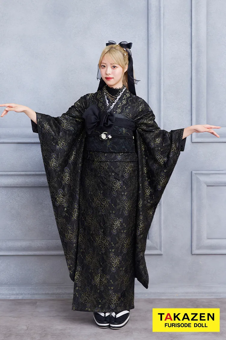 格安！ヴィンテージスタイル　黒/ブラック　総レース　おしゃれ振袖　ブーツスタイル　レース小物コーデ振袖ネットレンタル　23013