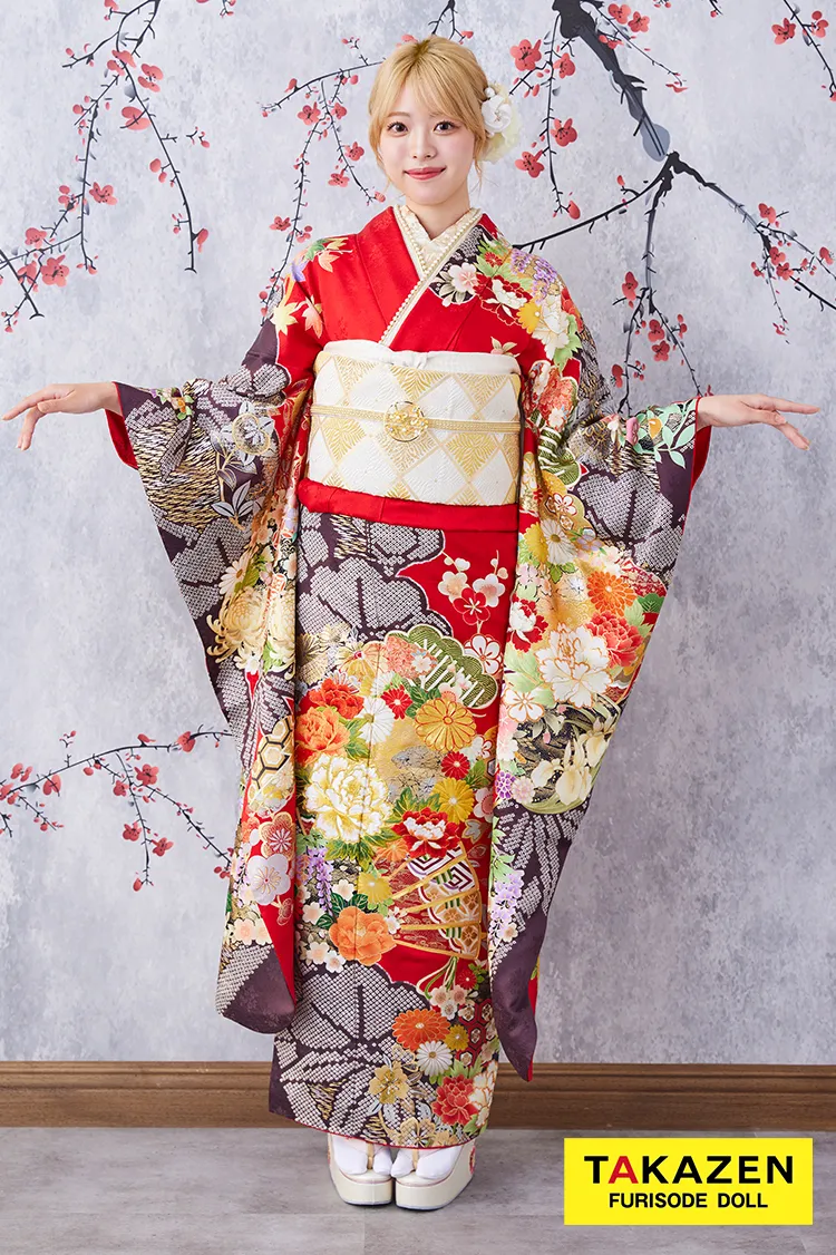 格安！正統派古典　赤/黒/ゴールド(金色)　牡丹柄/扇柄　大人っぽい　豪華　きれいめ　安い振袖ネットレンタル　32062