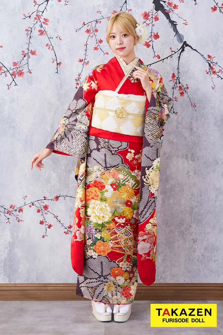 格安！正統派古典　赤/黒/ゴールド(金色)　牡丹柄/扇柄　大人っぽい　豪華　きれいめ　安い振袖ネットレンタル　32062