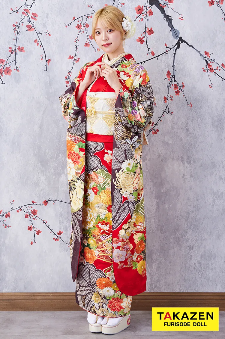 格安！正統派古典　赤/黒/ゴールド(金色)　牡丹柄/扇柄　大人っぽい　豪華　きれいめ　安い振袖ネットレンタル　32062