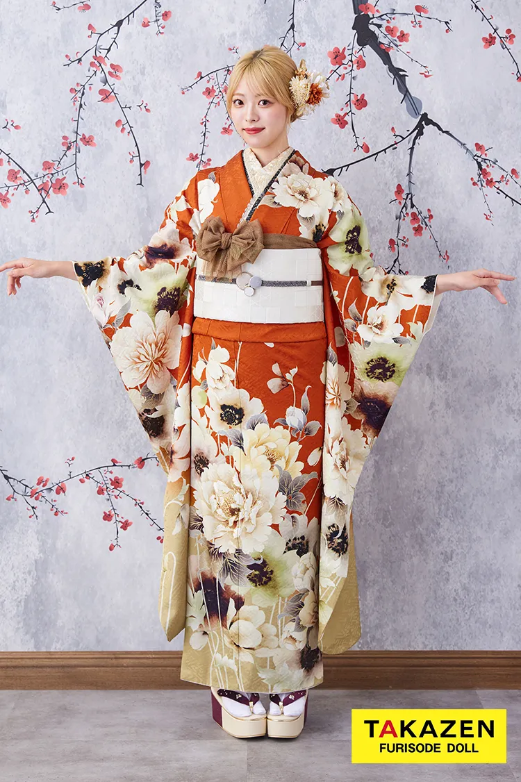 安い！お得にレンタル　九重×中村里砂ブランド振袖　テラコッタ　人と被らない　華やか　目立つ　おしゃれ振袖ネットレンタル　　K388