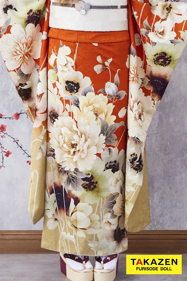 安い！お得にレンタル　九重×中村里砂ブランド振袖　テラコッタ　人と被らない　華やか　目立つ　おしゃれ振袖ネットレンタル　　K388