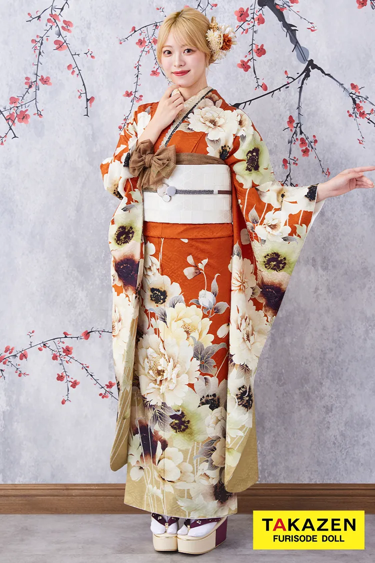 安い！お得にレンタル　九重×中村里砂ブランド振袖　テラコッタ　人と被らない　華やか　目立つ　おしゃれ振袖ネットレンタル　　K388