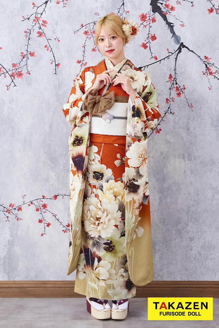 安い！お得にレンタル　九重×中村里砂ブランド振袖　テラコッタ　人と被らない　華やか　目立つ　おしゃれ振袖ネットレンタル　　K388