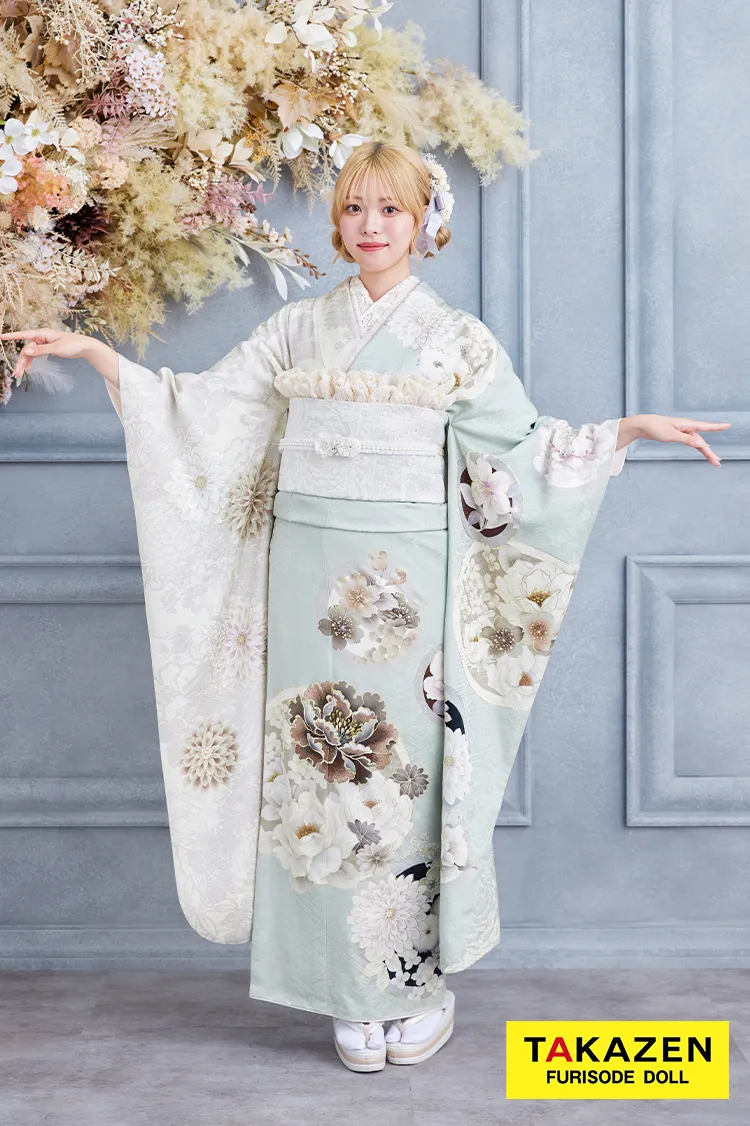 くすみカラー古典　ミントグリーン/淡色　牡丹柄　大人っぽい　淡い色　綺麗　清楚　玉城ティナ×紅一点振袖　24072