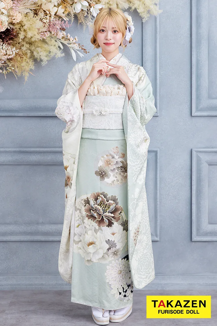 くすみカラー古典　ミントグリーン/淡色　牡丹柄　大人っぽい　淡い色　綺麗　清楚　玉城ティナ×紅一点振袖　24072