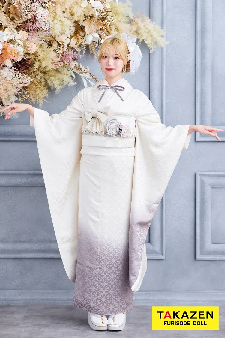 安い！くすみカラーエレガント　白/グレー/ニュアンスカラー　九重×中村里砂ブランド振袖ネットレンタル　シンプル　無地振袖 　グラデーション　24016