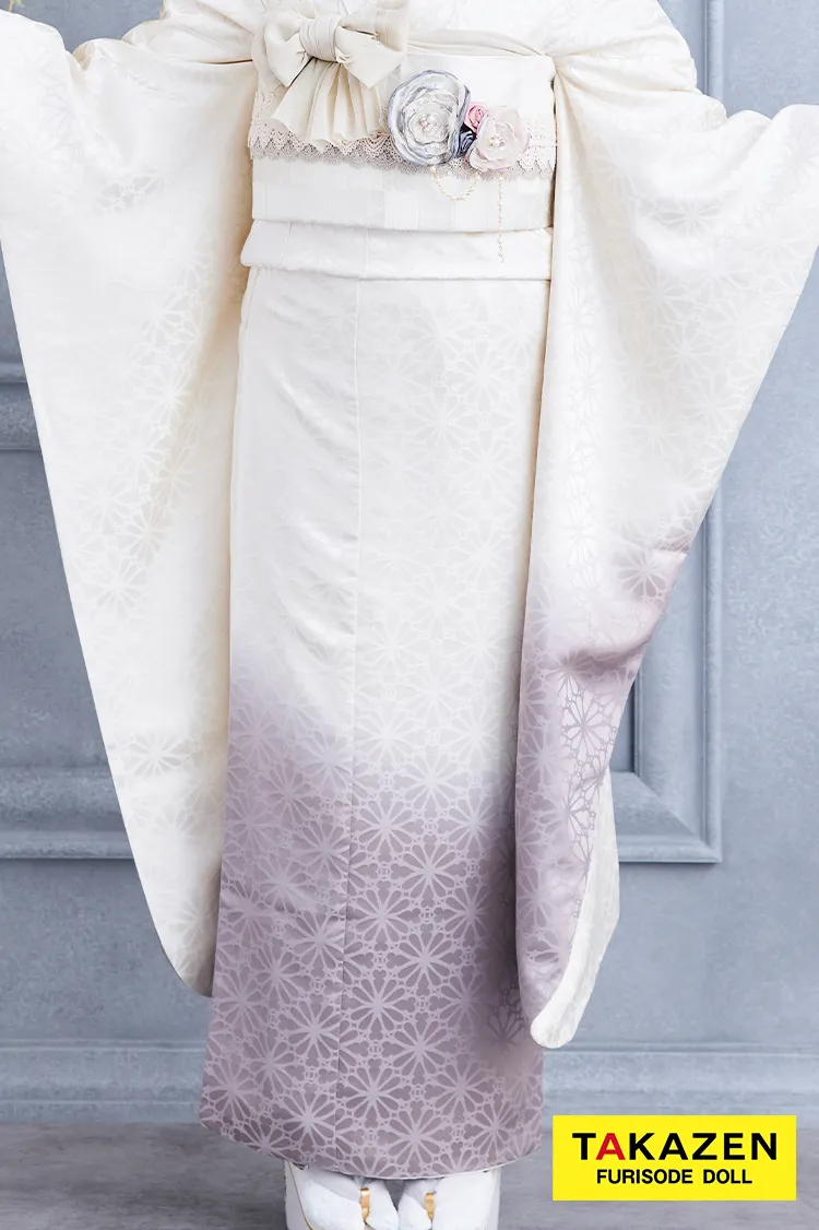 安い！くすみカラーエレガント　白/グレー/ニュアンスカラー　九重×中村里砂ブランド振袖ネットレンタル　シンプル　無地振袖 　グラデーション　24016