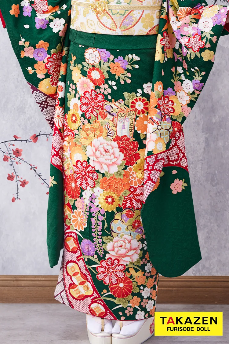 激安お得！正統派古典　緑色/赤/グリーン　辻が花/御所車　王道　おしとやか　清楚振袖　大人っぽい　32079