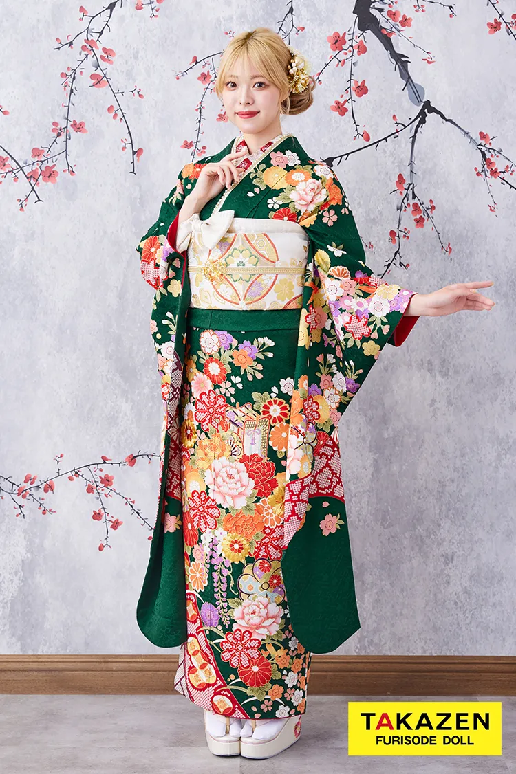 激安お得！正統派古典　緑色/赤/グリーン　辻が花/御所車　王道　おしとやか　清楚振袖　大人っぽい　32079