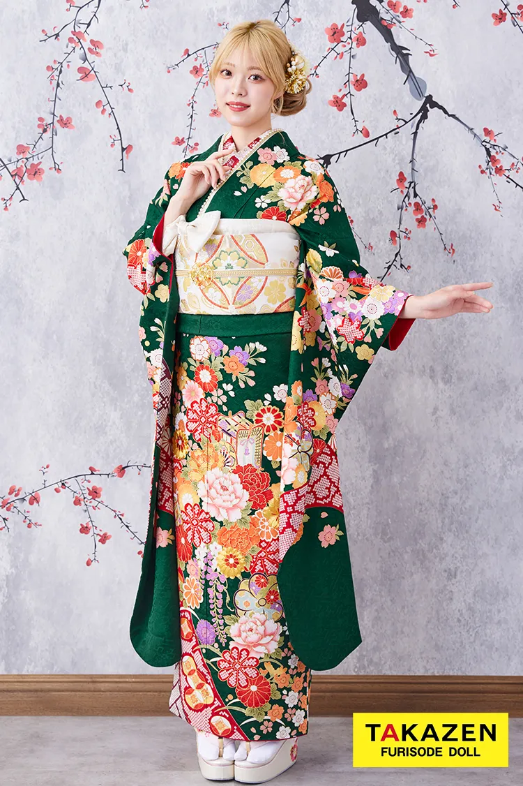 激安お得！正統派古典　緑色/赤/グリーン　辻が花/御所車　王道　おしとやか　清楚振袖　大人っぽい　32079