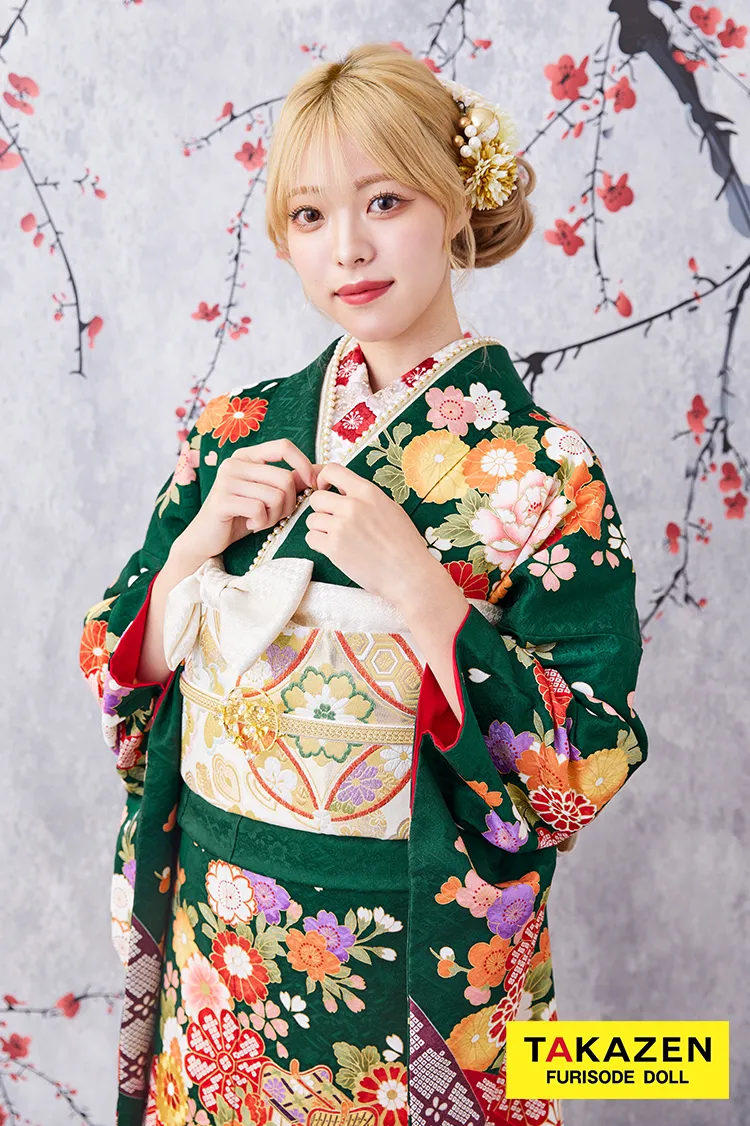 激安お得！正統派古典　緑色/赤/グリーン　辻が花/御所車　王道　おしとやか　清楚振袖　大人っぽい　32079