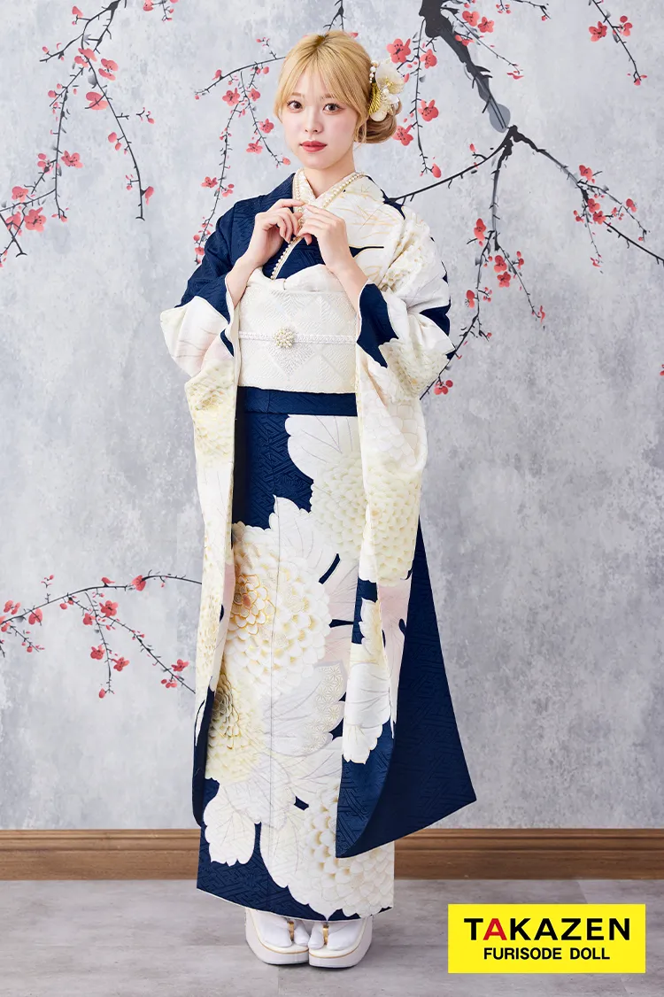 激安お得！正統派古典　青/紺/白　菊柄/大柄　シンプル　清楚　かわいい古典振袖ネットレンタル　大人っぽい　人気　G32