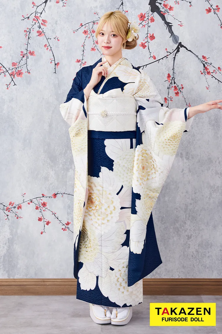 激安お得！正統派古典　青/紺/白　菊柄/大柄　シンプル　清楚　かわいい古典振袖ネットレンタル　大人っぽい　人気　G32