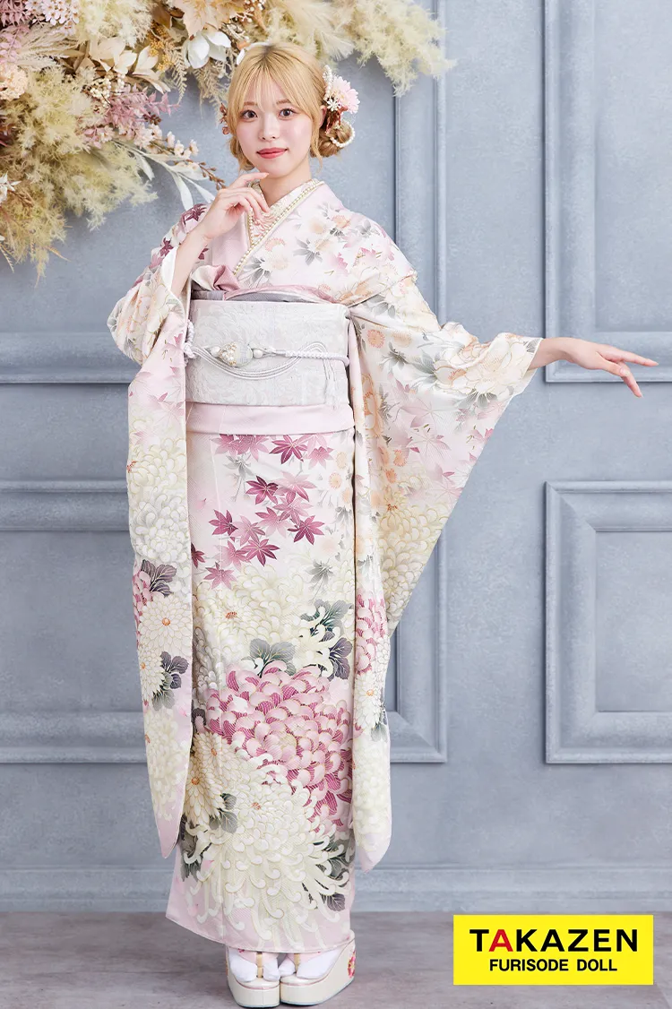 格安お得！華徒然×吉木千沙都ブランド振袖ネットレンタル　ピンク/淡い色　乱菊柄　清楚　かわいい　大人っぽい　きれいめ　K364