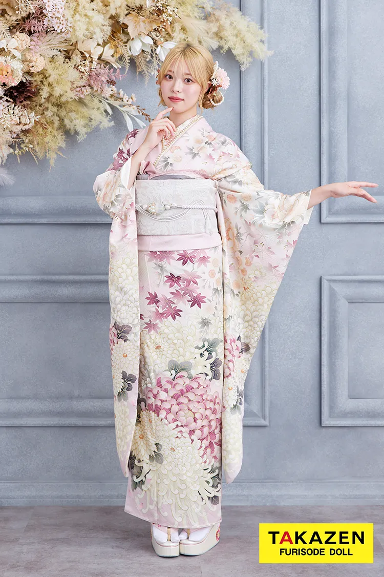 格安お得！華徒然×吉木千沙都ブランド振袖ネットレンタル　ピンク/淡い色　乱菊柄　清楚　かわいい　大人っぽい　きれいめ　K364