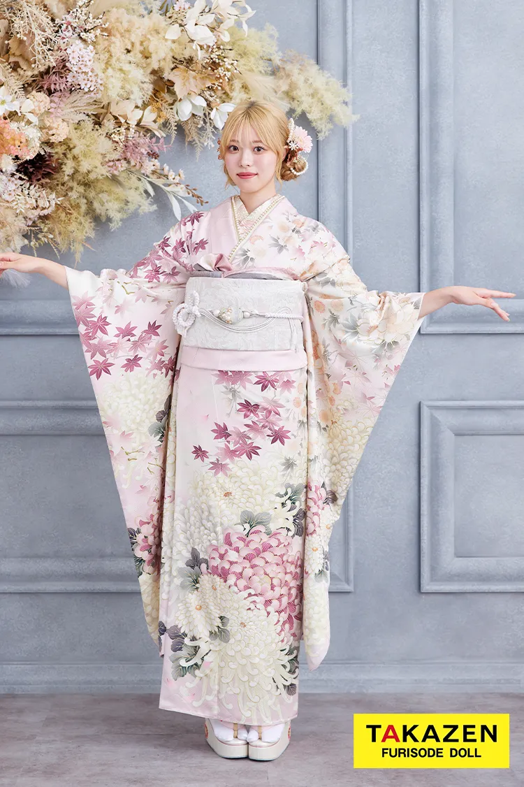 格安お得！華徒然×吉木千沙都ブランド振袖ネットレンタル　ピンク/淡い色　乱菊柄　清楚　かわいい　大人っぽい　きれいめ　K364