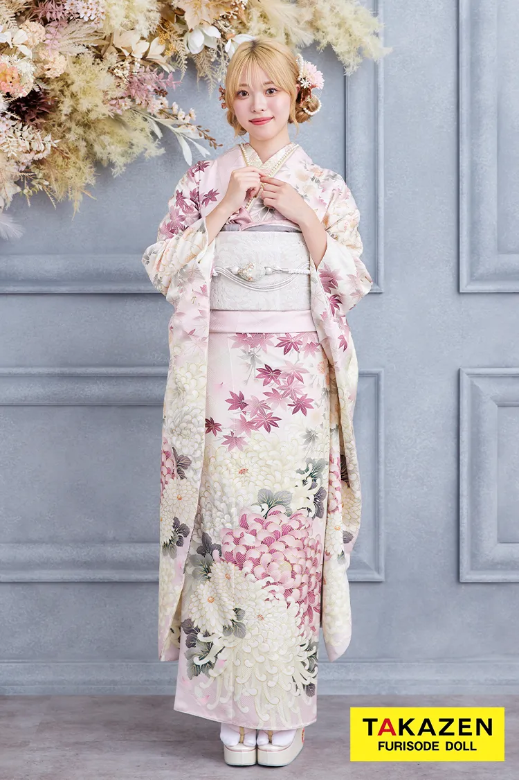 格安お得！華徒然×吉木千沙都ブランド振袖ネットレンタル　ピンク/淡い色　乱菊柄　清楚　かわいい　大人っぽい　きれいめ　K364