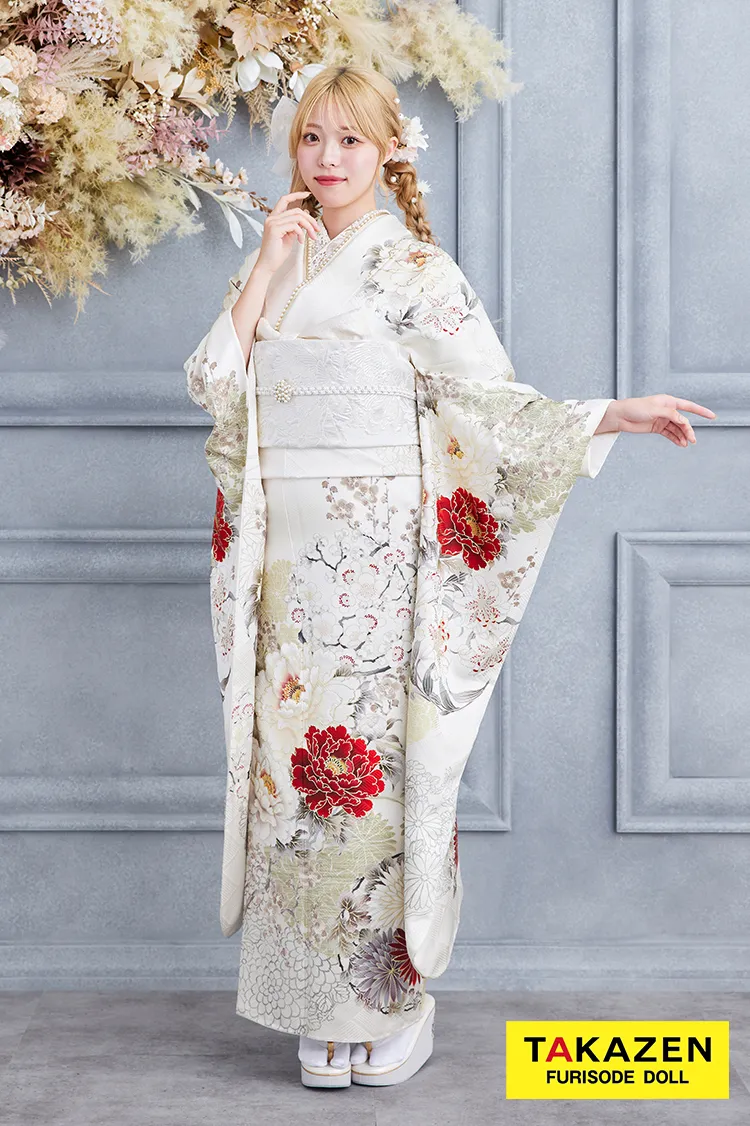 正統派古典　白/赤　華徒然×吉木千沙都ブランド振袖ネットレンタル　ワンポイント　きれいめ　大人っぽい　上品な振袖　K612