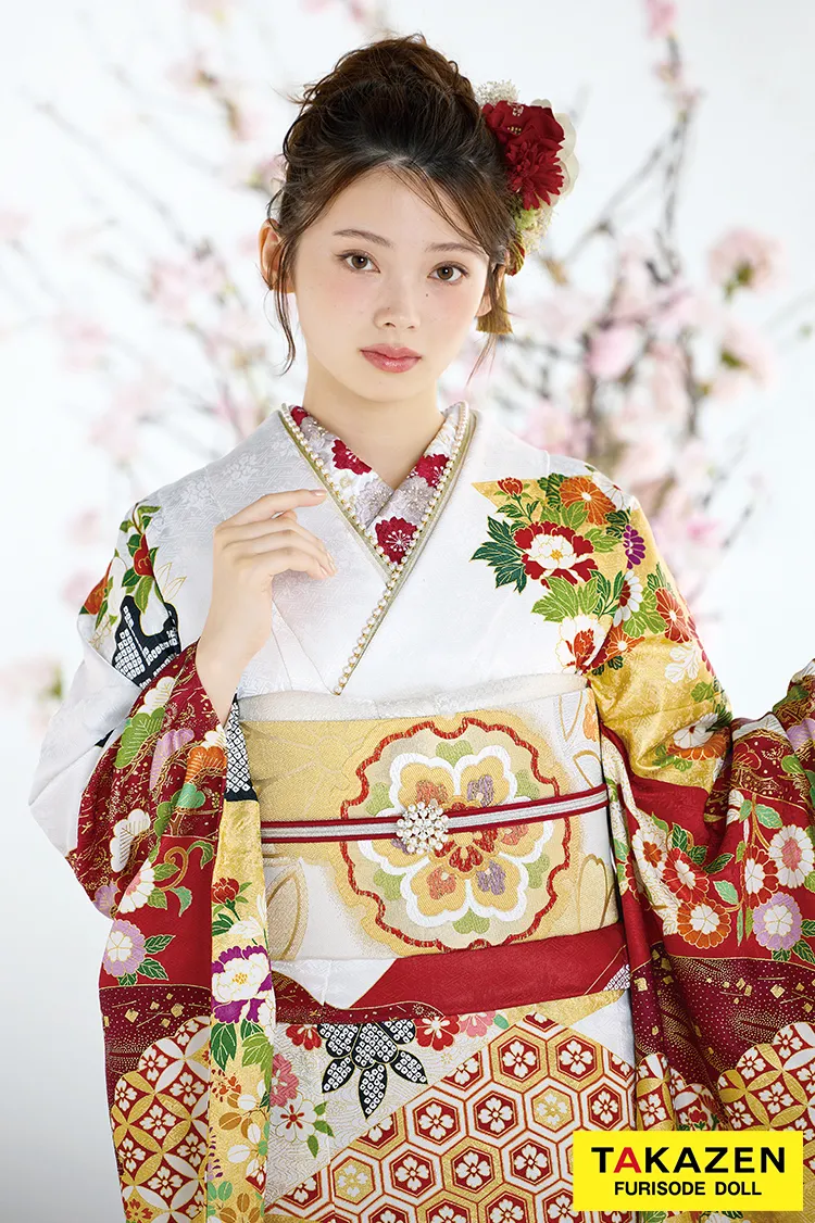 最新作プレミアム古典　白赤　菊柄　吉澤織物『逸品』最高級染繍桶絞り友禅　綺麗　大人っぽい　華やか　上品な振袖ネットレンタル　南琴奈　27035