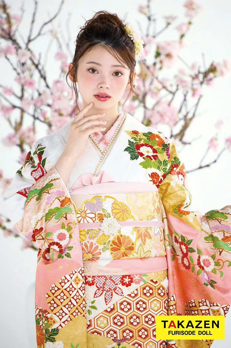 最高級古典柄振袖　吉澤織物/最高級染繍桶絞り友禅　サーモンピンク/白/金　菊柄/吉祥文様　かわいい振袖ネットレンタル　南琴奈　25036