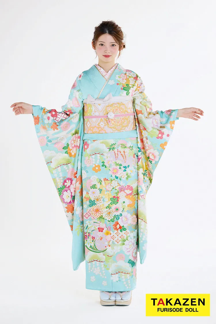 最新作プレミアム古典　水色/淡い色　菊柄/七宝　吉澤織物　吉祥の晴れ着田中優子の世界　綺麗　透明感のある振袖ネットレンタル　上品　南琴奈　27036