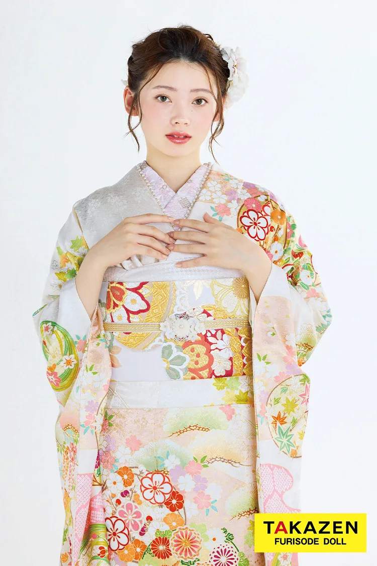 最新作プレミアム古典　白ピンク/白地　菊柄/鹿の子模様　吉澤織物　文樂・人間国宝吉田蓑助の世界　かわいい　透明感のある振袖ネットレンタル　上品　南琴奈　27037