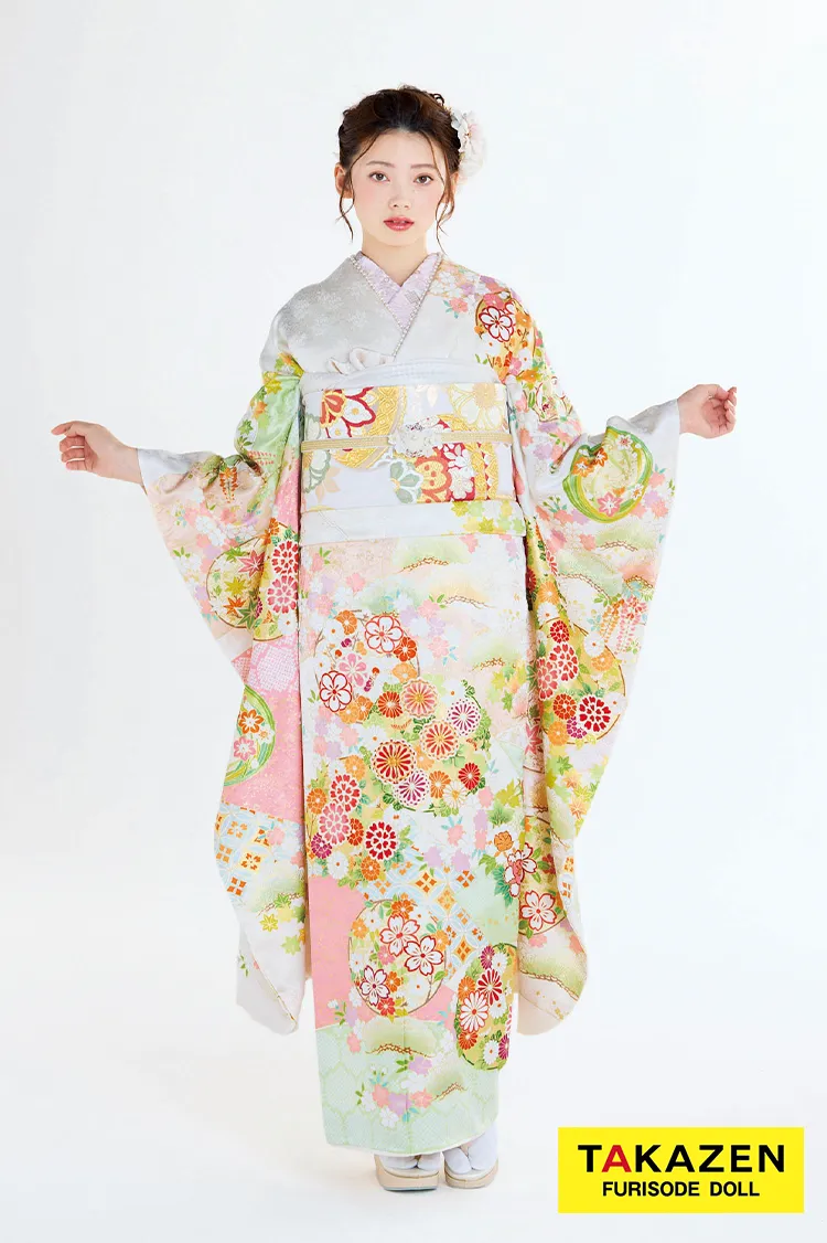 最新作プレミアム古典　白ピンク/白地　菊柄/鹿の子模様　吉澤織物　文樂・人間国宝吉田蓑助の世界　かわいい　透明感のある振袖ネットレンタル　上品　南琴奈　27037