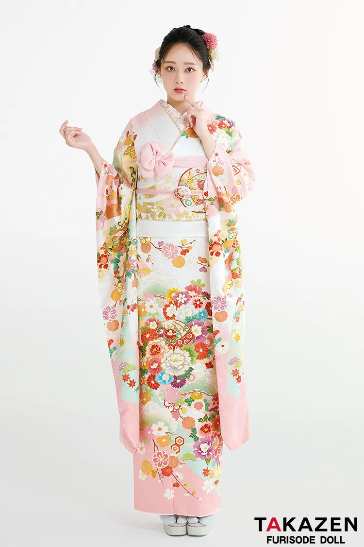 最新作プレミアム古典　白ピンク/白地　菊柄/鹿の子模様　吉澤織物　吉祥の晴れ着田中優香の世界　かわいい　はんなり　上品な振袖ネットレンタル　佐藤不二子　27038