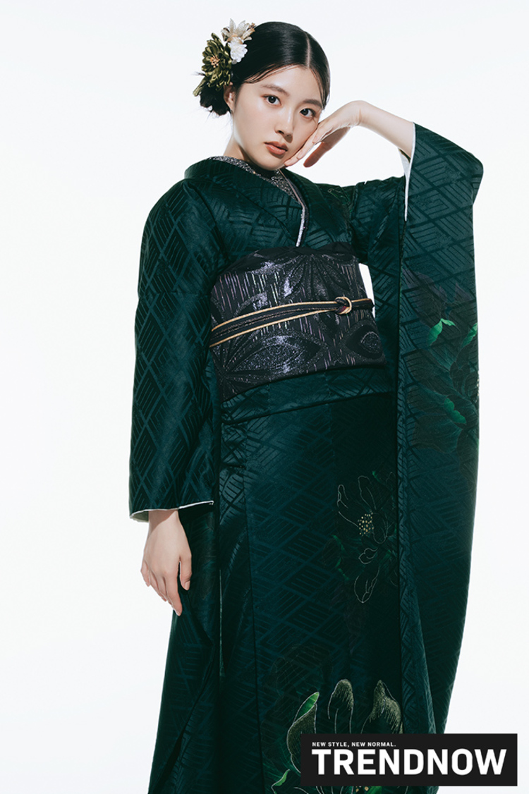 最新作トレンドナウ　ヴィンテージスタイル　緑/グリーン　シンプル　シック　大人っぽい振袖ネットレンタル　K1289