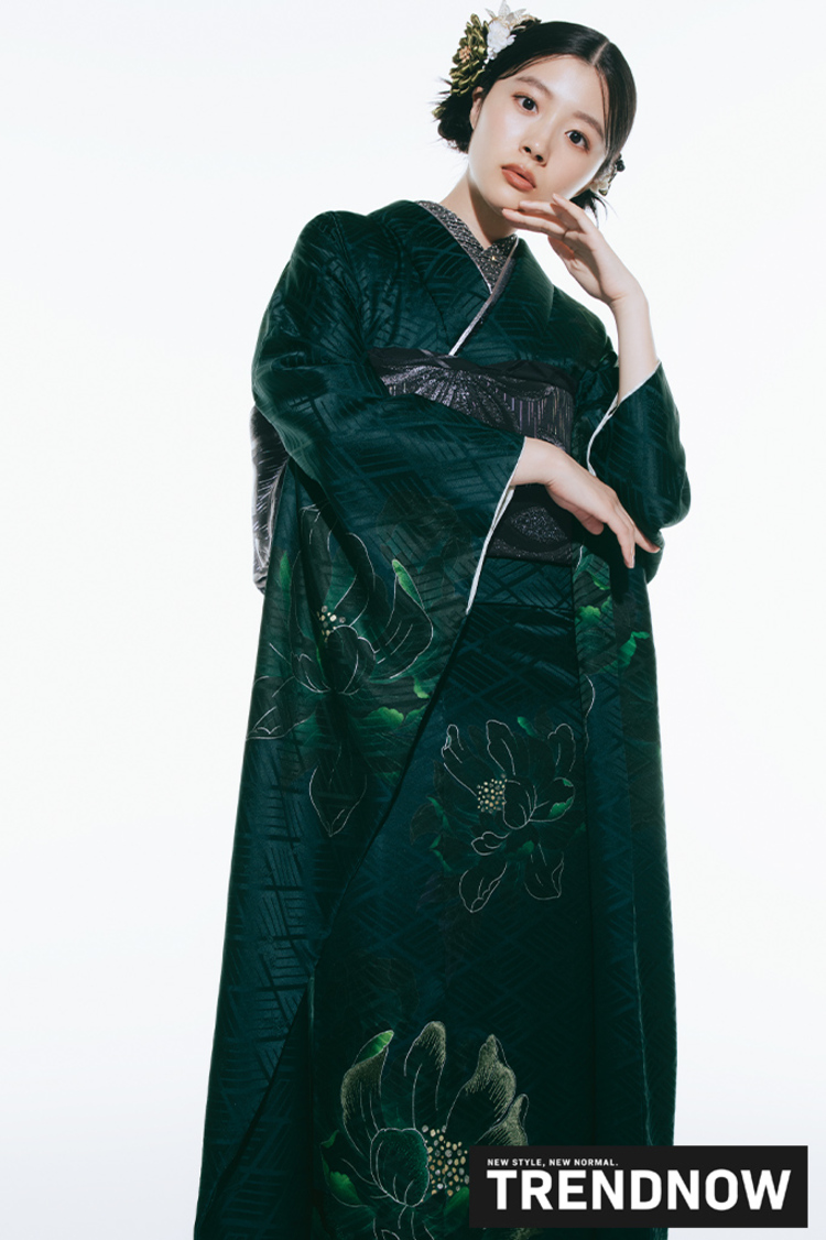 最新作トレンドナウ　ヴィンテージスタイル　緑/グリーン　シンプル　シック　大人っぽい振袖ネットレンタル　K1289