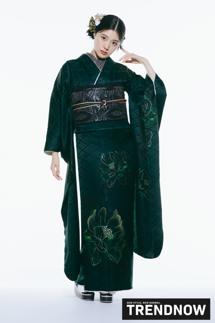 最新作トレンドナウ　ヴィンテージスタイル　緑/グリーン　シンプル　シック　大人っぽい振袖ネットレンタル　K1289