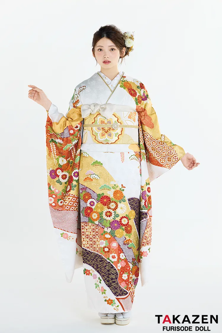 プレミアム古典　吉澤織物　『逸品』最高級染繍桶絞り友禅　白/オレンジ　高級振袖ネットレンタル　上品　柄小さめ　金駒刺繍　南琴奈　26029