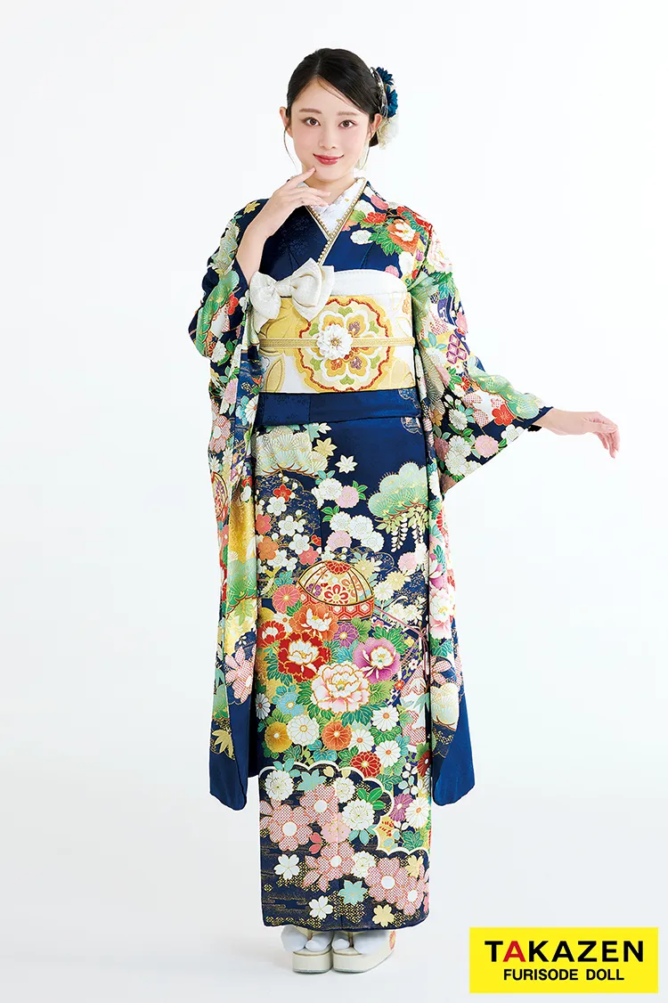 最新作プレミアム古典　紺色/ブルー　吉澤織物　毬柄/牡丹柄　吉祥の晴れ着田中優香の世界　かわいらしい振袖ネットレンタル　上品　佐藤不二子　27039