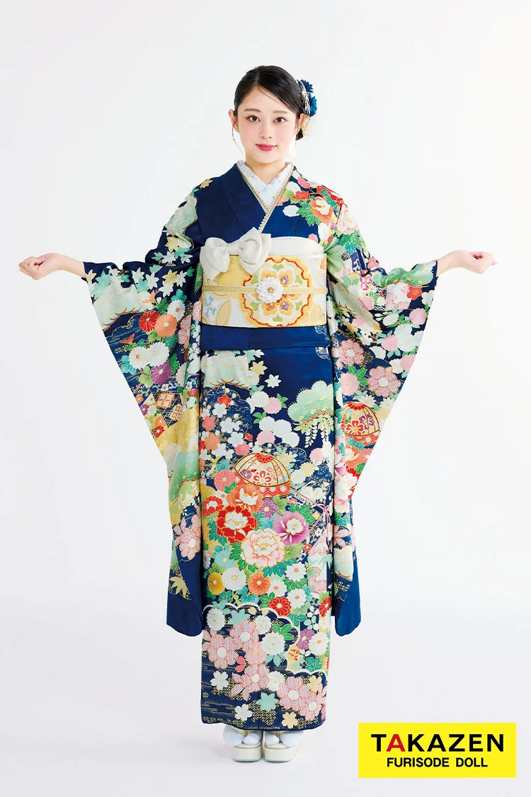 最新作プレミアム古典　紺色/ブルー　吉澤織物　毬柄/牡丹柄　吉祥の晴れ着田中優香の世界　かわいらしい振袖ネットレンタル　上品　佐藤不二子　27039