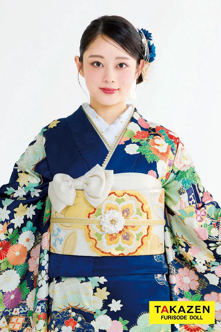 最新作プレミアム古典　紺色/ブルー　吉澤織物　毬柄/牡丹柄　吉祥の晴れ着田中優香の世界　かわいらしい振袖ネットレンタル　上品　佐藤不二子　27039